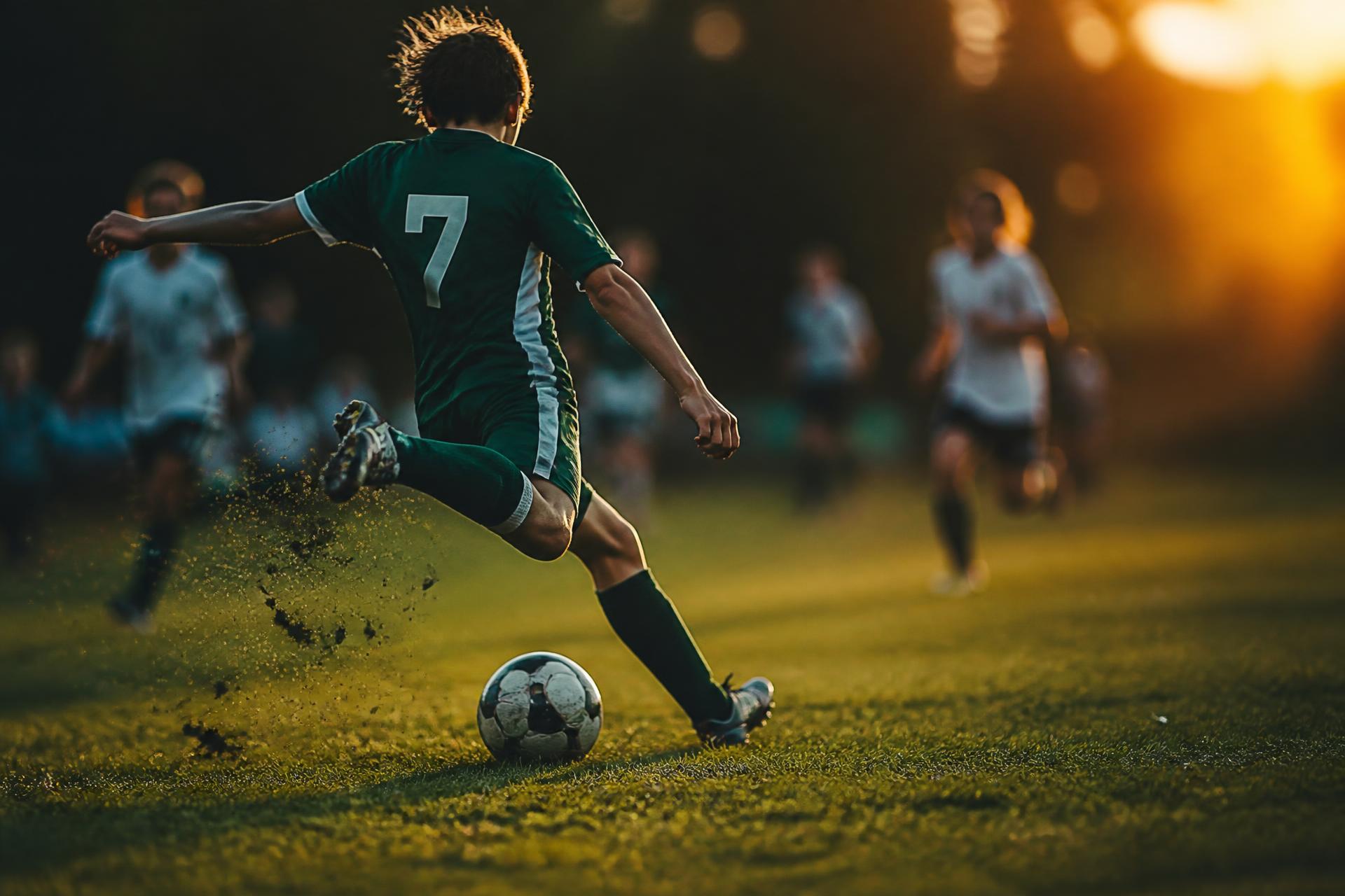 Youth soccer player striking the ball under stadium lights